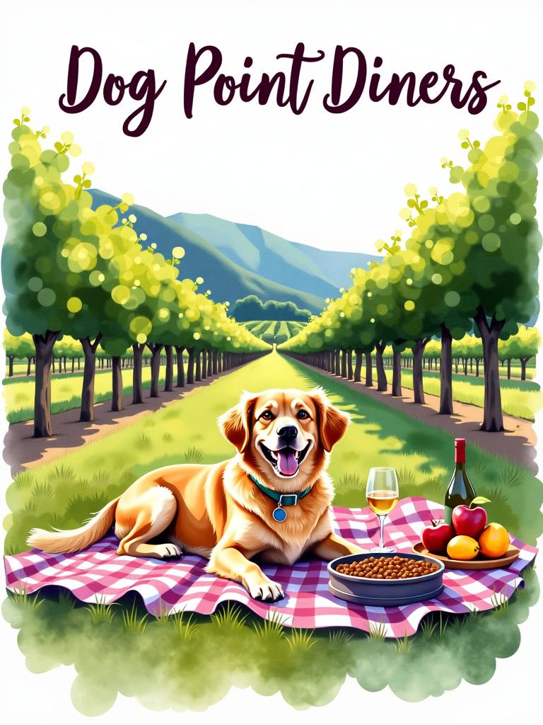 A proper watercolor painting depicting a joyful dog having a picnic in a scenic vineyard