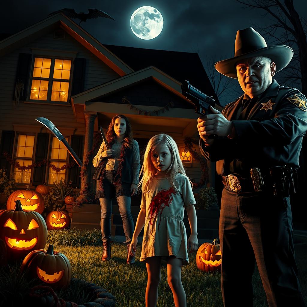 A chilling Halloween scene featuring a man with a cracked mask standing ominously in front of a house adorned with spooky decorations