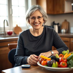 A portrait of a middle-aged woman living with diabetes mellitus, sitting in a cozy kitchen environment