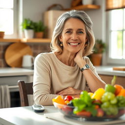 A portrait of a middle-aged woman living with diabetes mellitus, sitting in a cozy kitchen environment