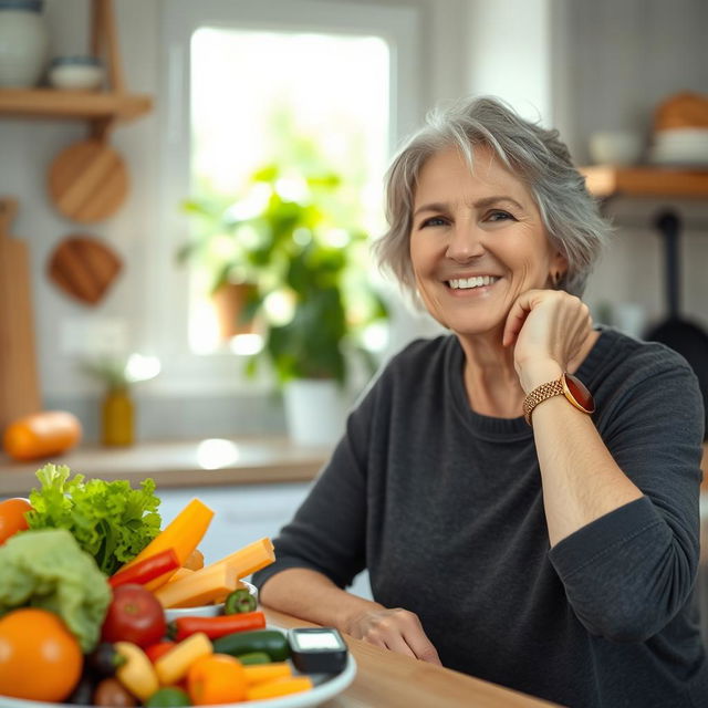 A portrait of a middle-aged woman living with diabetes mellitus, sitting in a cozy kitchen environment