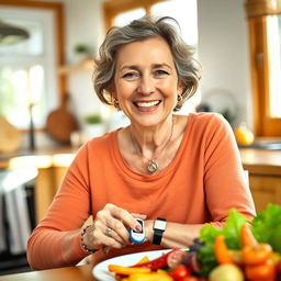 A portrait of a middle-aged woman living with diabetes mellitus, sitting in a cozy kitchen environment