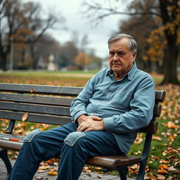 A portrait of a middle-aged man with diabetes mellitus sitting alone on a park bench, looking pensive and sad