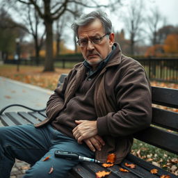 A portrait of a middle-aged man with diabetes mellitus sitting alone on a park bench, looking pensive and sad