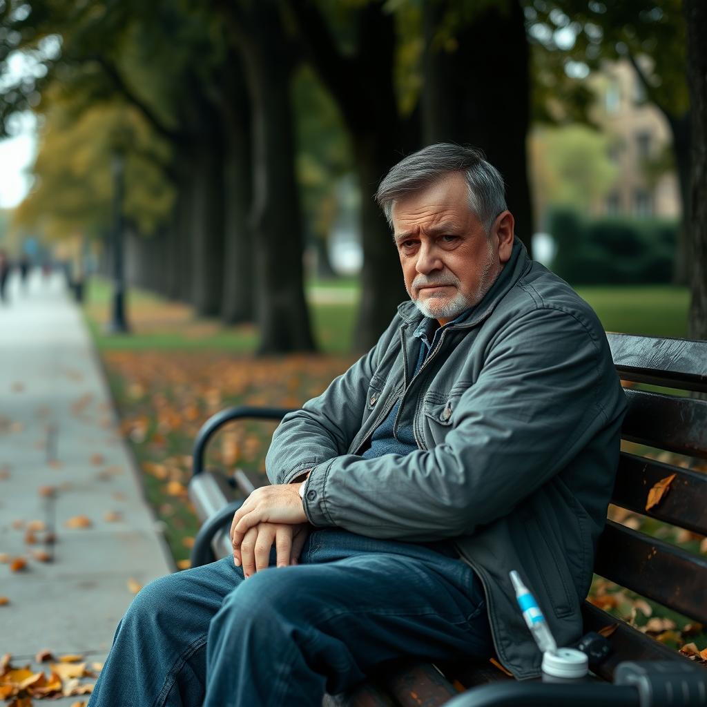 A portrait of a middle-aged man with diabetes mellitus sitting alone on a park bench, looking pensive and sad