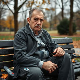 A portrait of a middle-aged man with diabetes mellitus sitting alone on a park bench, looking pensive and sad