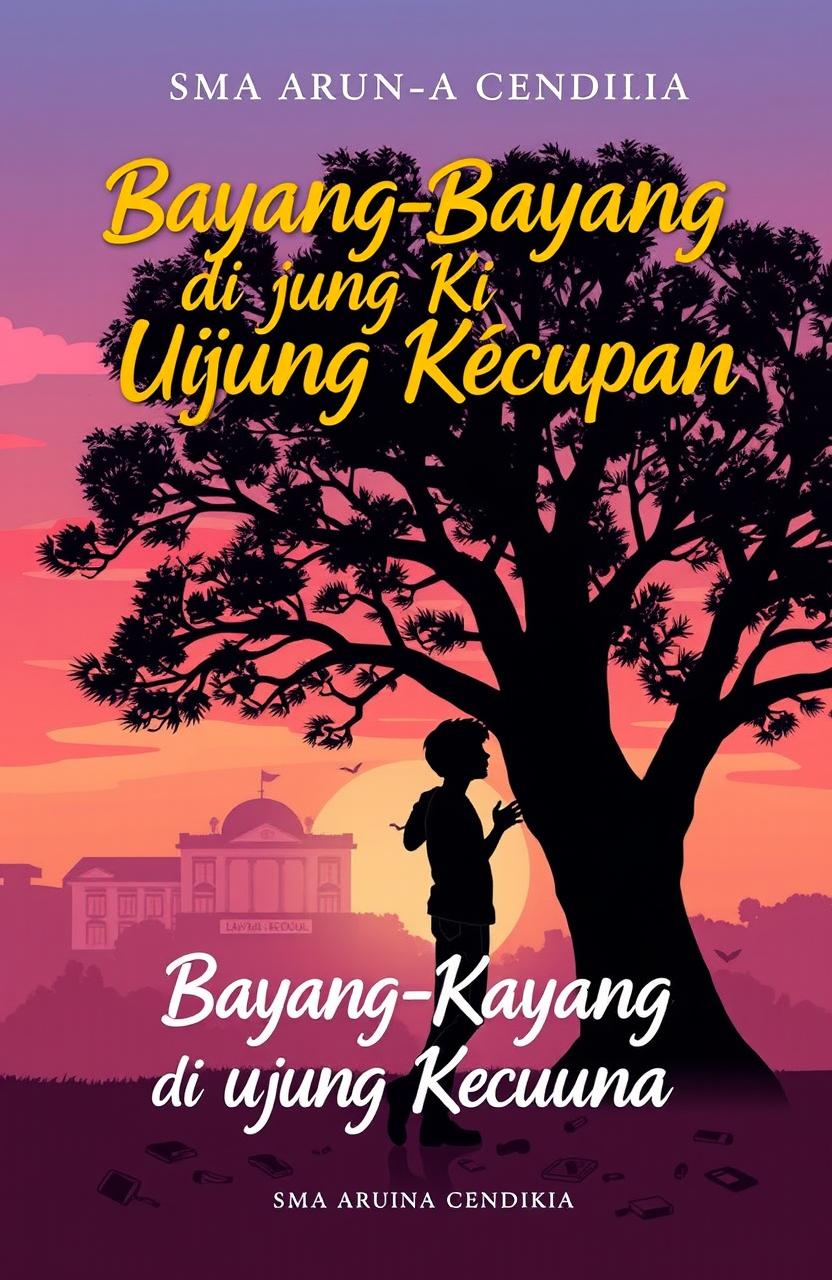 A novel cover for 'Bayang-Bayang di Ujung Kecupan', featuring a silhouette of SMA Aruna Cendikia in the background under a romantic sunset sky