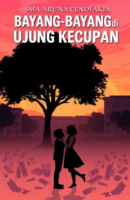 A novel cover for 'Bayang-Bayang di Ujung Kecupan', featuring a silhouette of SMA Aruna Cendikia in the background under a romantic sunset sky