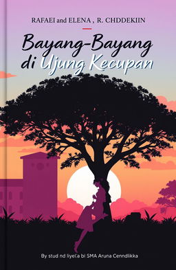 A novel cover for 'Bayang-Bayang di Ujung Kecupan', featuring a silhouette of SMA Aruna Cendikia in the background under a romantic sunset sky