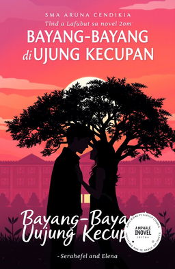 A novel cover for 'Bayang-Bayang di Ujung Kecupan', featuring a silhouette of SMA Aruna Cendikia in the background under a romantic sunset sky