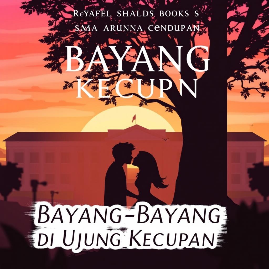 A captivating cover for a Wattpad novel titled 'Bayang-Bayang di Ujung Kecupan', featuring a silhouette of SMA Aruna Cendikia in the background against a romantic sunset sky