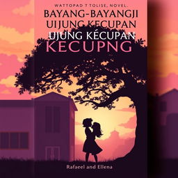 A captivating cover for a Wattpad novel titled 'Bayang-Bayang di Ujung Kecupan', featuring a silhouette of SMA Aruna Cendikia in the background against a romantic sunset sky