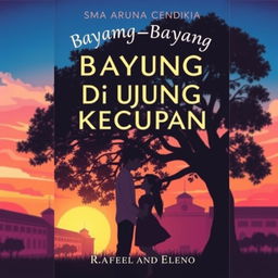 A captivating cover for a Wattpad novel titled 'Bayang-Bayang di Ujung Kecupan', featuring a silhouette of SMA Aruna Cendikia in the background against a romantic sunset sky