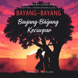 A captivating cover for a Wattpad novel titled 'Bayang-Bayang di Ujung Kecupan', featuring a silhouette of SMA Aruna Cendikia in the background against a romantic sunset sky