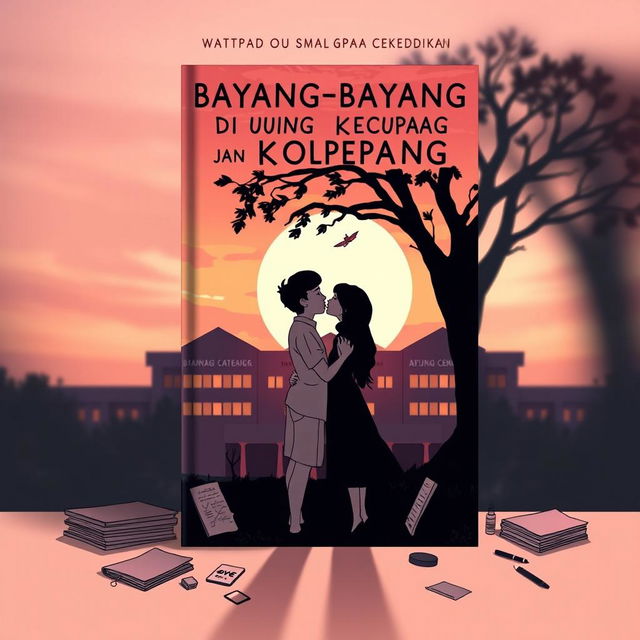 A romantic and mysterious book cover for the Wattpad novel 'Bayang-Bayang di Ujung Kecupan'