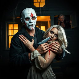 A haunting Halloween scene featuring a man wearing a cracked white mask, splattered with blood, standing ominously in front of an eerie house