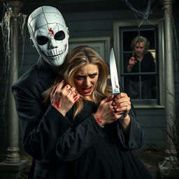 A haunting Halloween scene featuring a man wearing a cracked white mask, splattered with blood, standing ominously in front of an eerie house