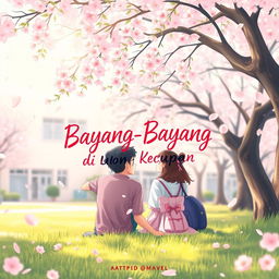 A charming novel cover for a school romance story on Wattpad titled "Bayang-Bayang di Ujung Kecupan", featuring a sweet and youthful atmosphere