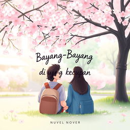 A charming novel cover for a school romance story on Wattpad titled "Bayang-Bayang di Ujung Kecupan", featuring a sweet and youthful atmosphere