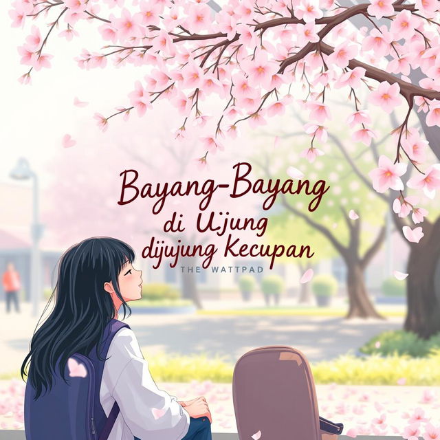 A charming novel cover for a school romance story on Wattpad titled "Bayang-Bayang di Ujung Kecupan", featuring a sweet and youthful atmosphere