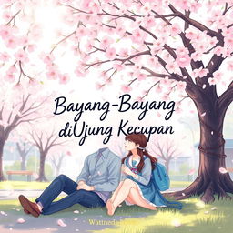 A charming novel cover for a school romance story on Wattpad titled "Bayang-Bayang di Ujung Kecupan", featuring a sweet and youthful atmosphere