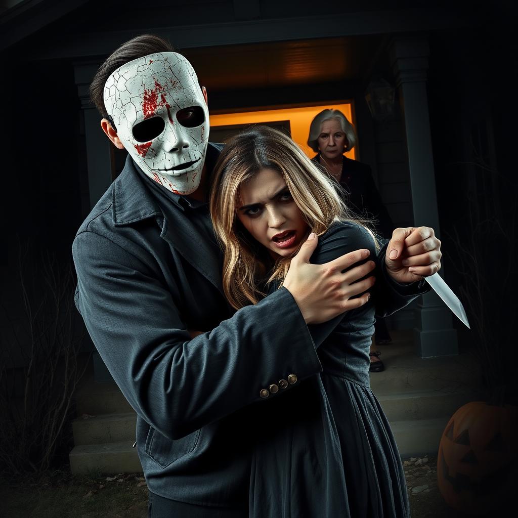 A haunting Halloween scene featuring a man wearing a white cracked mask, smeared with blood, standing ominously in front of a shadowy house