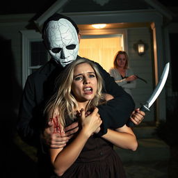 A haunting Halloween scene featuring a man wearing a white cracked mask, smeared with blood, standing ominously in front of a shadowy house