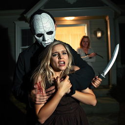 A haunting Halloween scene featuring a man wearing a white cracked mask, smeared with blood, standing ominously in front of a shadowy house