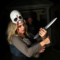 A haunting Halloween scene featuring a man wearing a white cracked mask, smeared with blood, standing ominously in front of a shadowy house