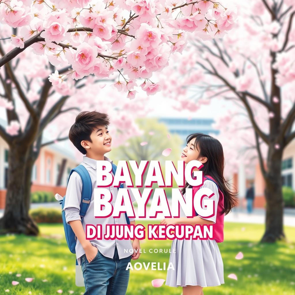 A vibrant and engaging novel cover for a school romance story on Wattpad titled "Bayang-Bayang di Ujung Kecupan"