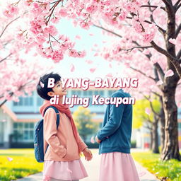 A vibrant and engaging novel cover for a school romance story on Wattpad titled "Bayang-Bayang di Ujung Kecupan"