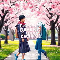 A vibrant and engaging novel cover for a school romance story on Wattpad titled "Bayang-Bayang di Ujung Kecupan"