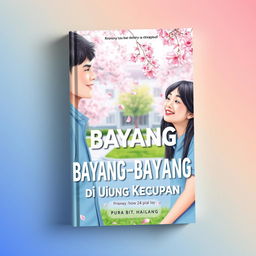 A vibrant and engaging novel cover for a school romance story on Wattpad titled "Bayang-Bayang di Ujung Kecupan"