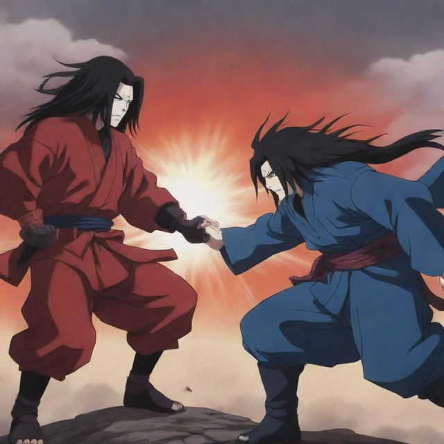 Anime battle scene between characters Madara Uchiha and Hashirama Senju in a 90's anime art style