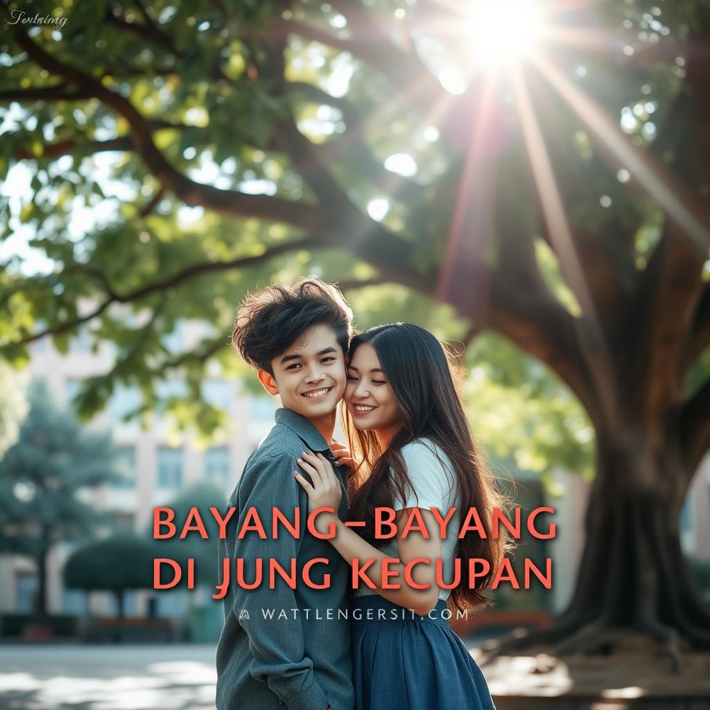 A romantic school-themed cover for a Wattpad story titled 'Bayang-Bayang di Ujung Kecupan'