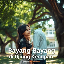 A romantic school-themed cover for a Wattpad story titled 'Bayang-Bayang di Ujung Kecupan'