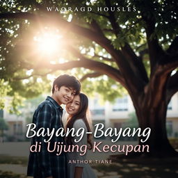 A romantic school-themed cover for a Wattpad story titled 'Bayang-Bayang di Ujung Kecupan'