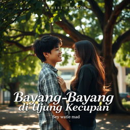 A romantic school-themed cover for a Wattpad story titled 'Bayang-Bayang di Ujung Kecupan'