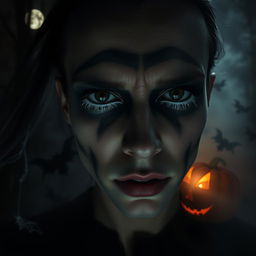 A spooky and eerie Halloween scene featuring a close-up of a person wearing cracked white mascara, giving them a ghostly appearance