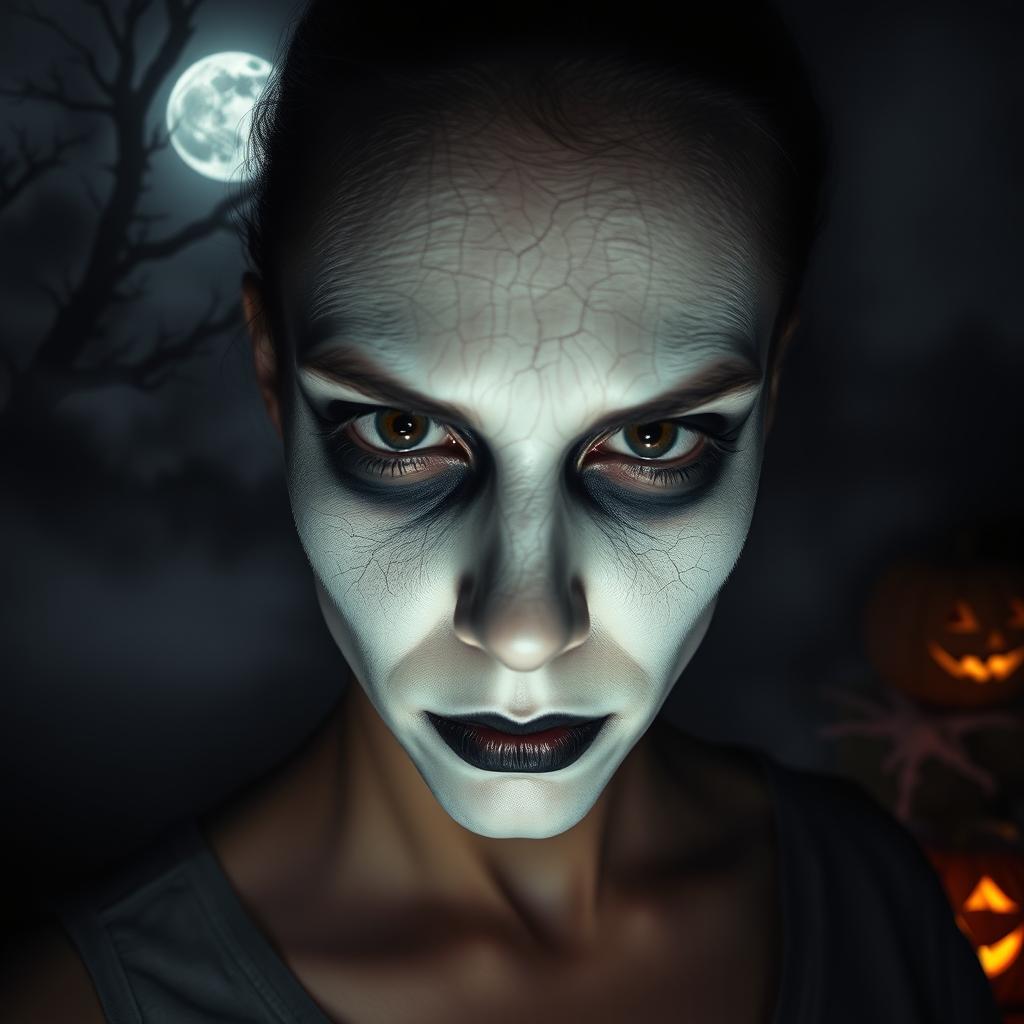 A spooky and eerie Halloween scene featuring a close-up of a person wearing cracked white mascara, giving them a ghostly appearance