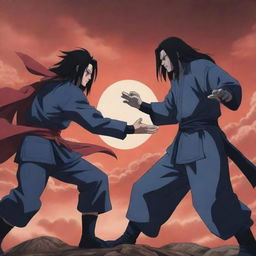 Anime battle scene between characters Madara Uchiha and Hashirama Senju in a 90's anime art style