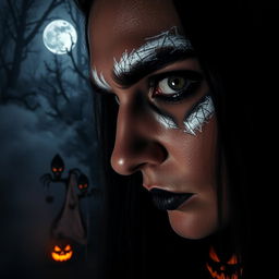 A spooky and eerie Halloween scene featuring a close-up of a person wearing cracked white mascara, giving them a ghostly appearance