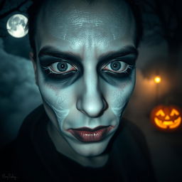 A spooky and eerie Halloween scene featuring a close-up of a person wearing cracked white mascara, giving them a ghostly appearance