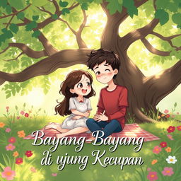 A romantic illustration for a school-themed story titled 'Bayang-Bayang di Ujung Kecupan'