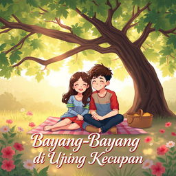 A romantic illustration for a school-themed story titled 'Bayang-Bayang di Ujung Kecupan'