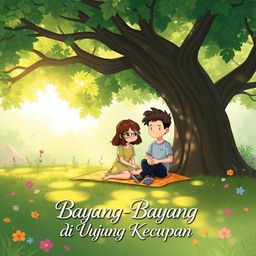 A romantic illustration for a school-themed story titled 'Bayang-Bayang di Ujung Kecupan'