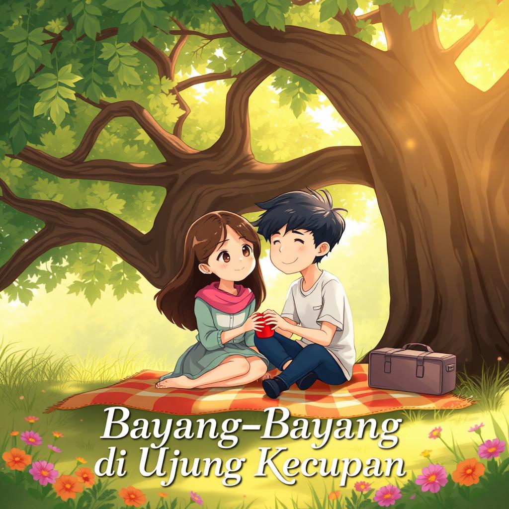 A romantic illustration for a school-themed story titled 'Bayang-Bayang di Ujung Kecupan'