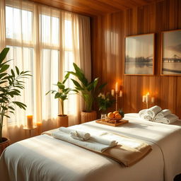 A beautiful, luxurious spa room filled with soft golden light, featuring a large massage table draped in pristine white linen