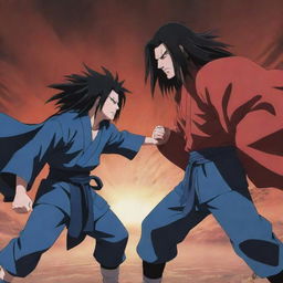 Anime battle scene between characters Madara Uchiha and Hashirama Senju in a 90's anime art style