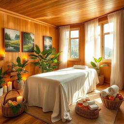 A beautiful, luxurious spa room filled with soft golden light, featuring a large massage table draped in pristine white linen